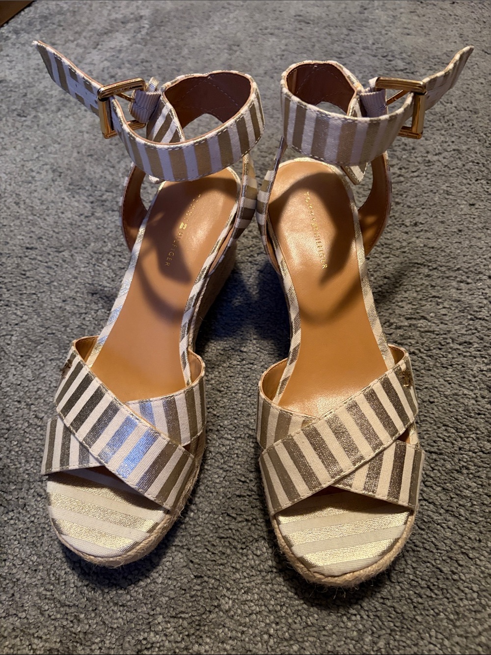 Tommy Hilfiger Beige and White Striped Wedge Sandals